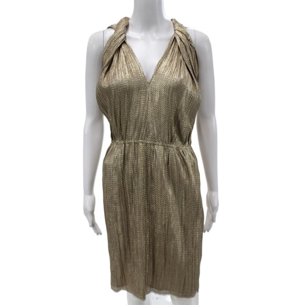 Lanvin Women Sheath Dress Gold Silk Metallic V Neck Sleeveless Mid Calf Size 40